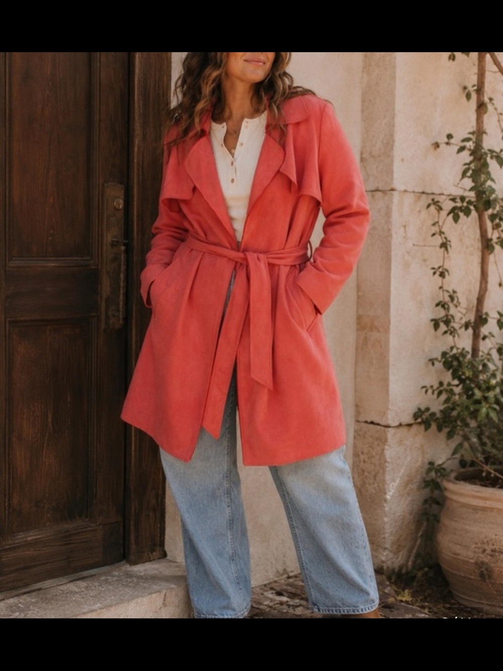 NWT Anthropologie Salmon/Coral Faux Suede Trench Coat with Self-Tie Belt. Size S